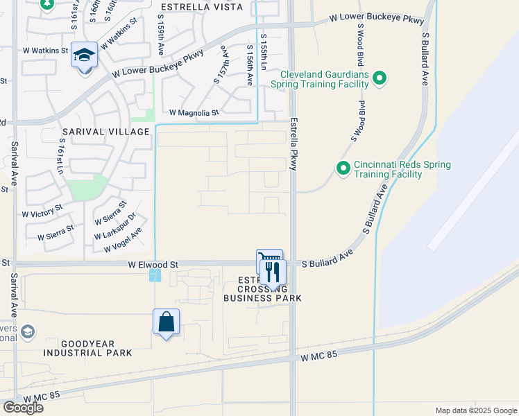map of restaurants, bars, coffee shops, grocery stores, and more near 3200 South Estrella Parkway in Goodyear