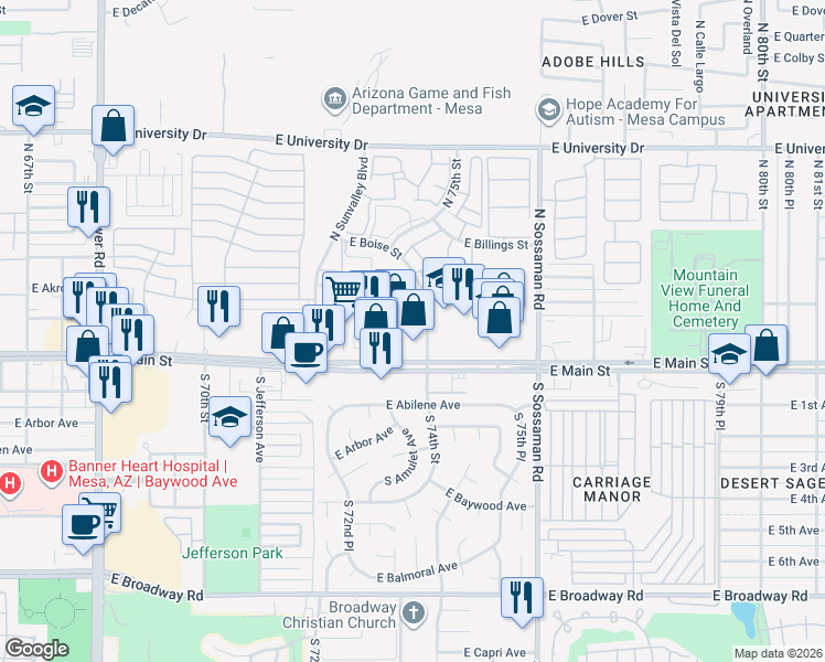 map of restaurants, bars, coffee shops, grocery stores, and more near 7340 East Apache Trail in Mesa