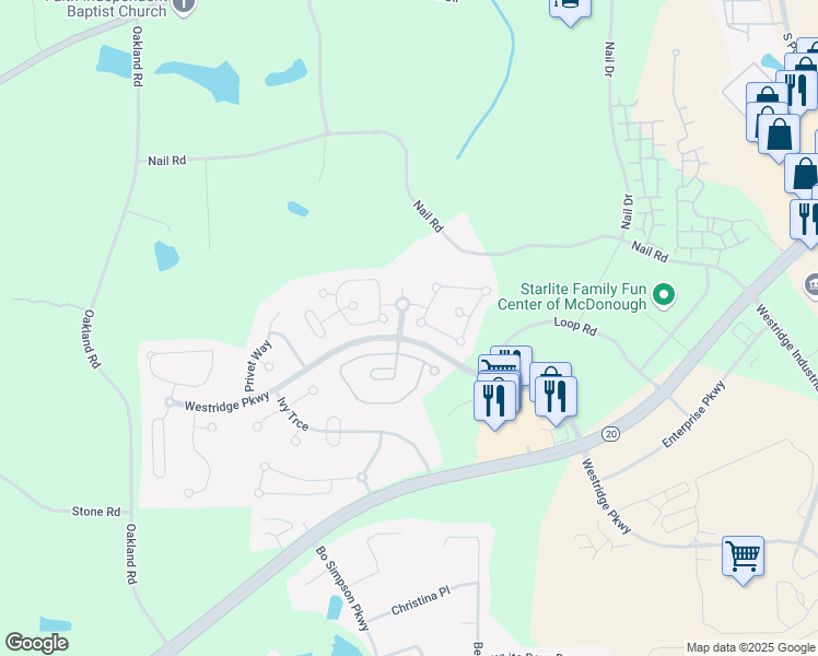 map of restaurants, bars, coffee shops, grocery stores, and more near 2180 Parador Bend in McDonough