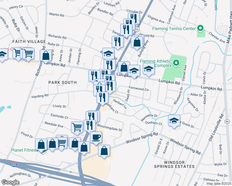 map of restaurants, bars, coffee shops, grocery stores, and more near 2040 Fernwood Circle in Augusta