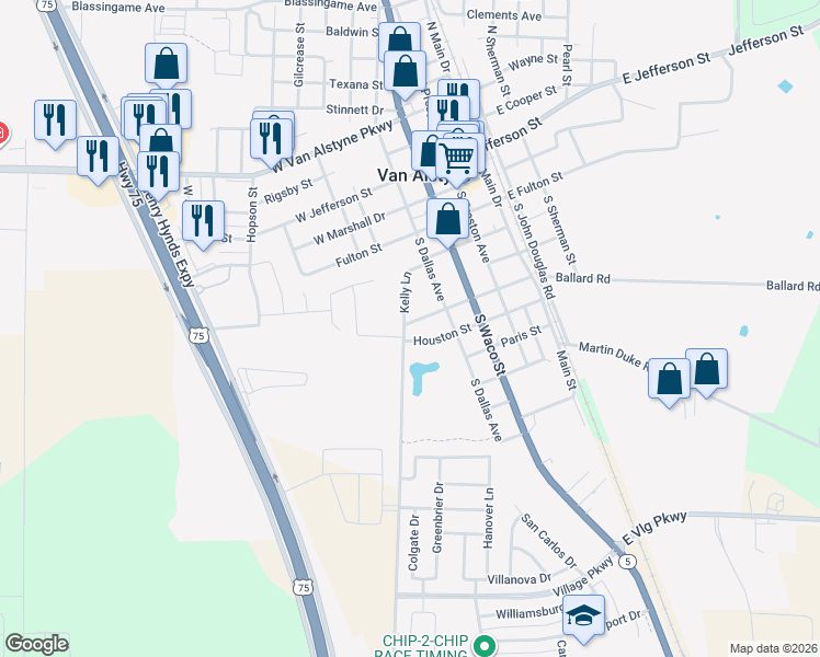 map of restaurants, bars, coffee shops, grocery stores, and more near 266 San Antonio Street in Van Alstyne