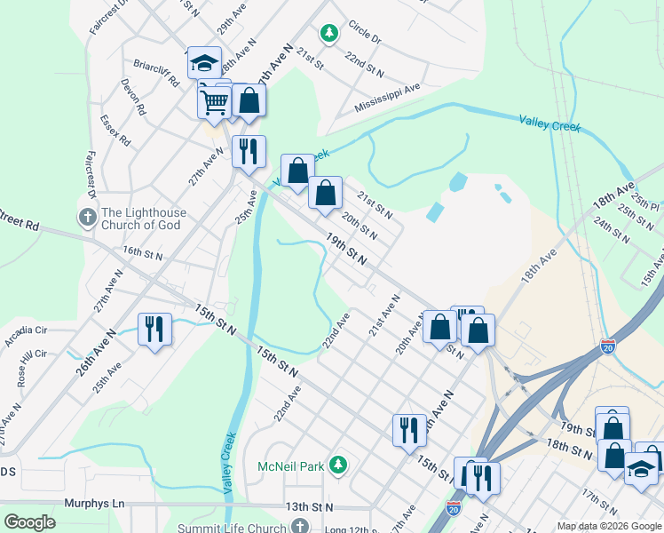 map of restaurants, bars, coffee shops, grocery stores, and more near 2307 18th Street North in Bessemer