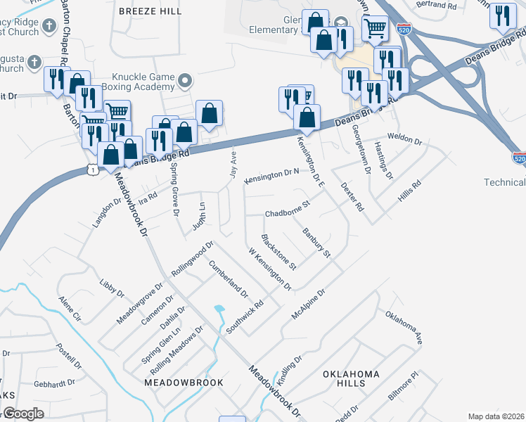 map of restaurants, bars, coffee shops, grocery stores, and more near 3406 Charing Cross Court in Augusta