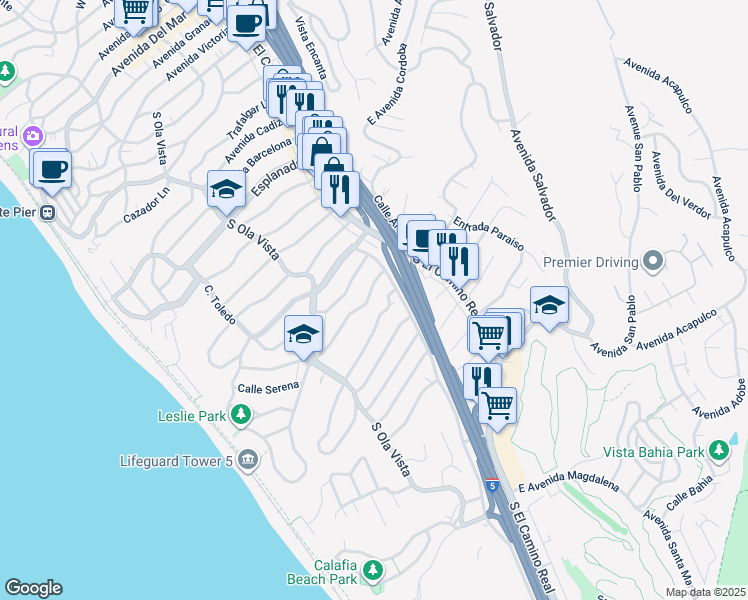 map of restaurants, bars, coffee shops, grocery stores, and more near 127 West Avenida De Los Lobos Marinos in San Clemente