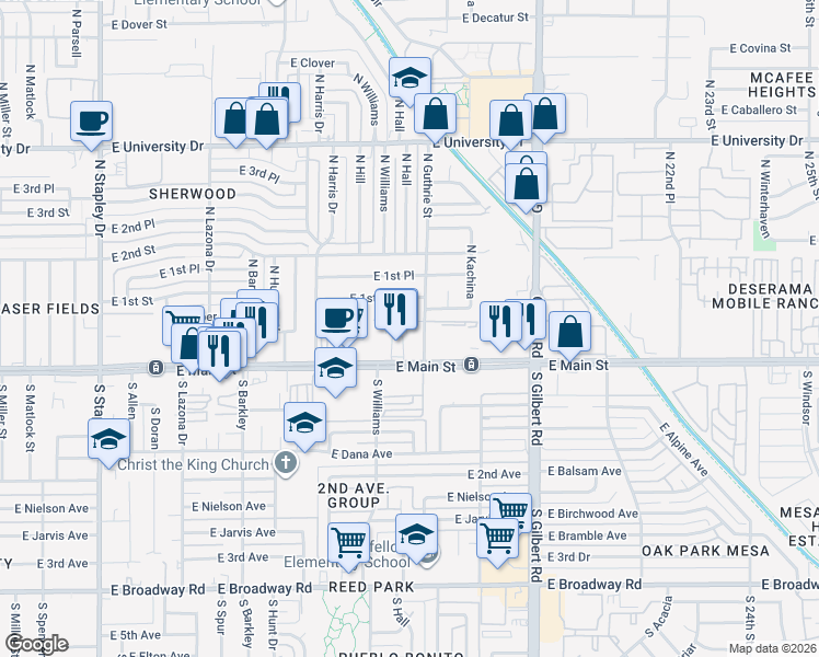 map of restaurants, bars, coffee shops, grocery stores, and more near 1736 East Pepper Circle in Mesa
