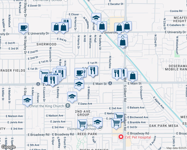 map of restaurants, bars, coffee shops, grocery stores, and more near 1736 East Pepper Circle in Mesa