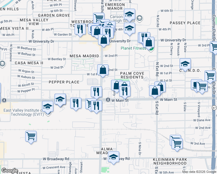 map of restaurants, bars, coffee shops, grocery stores, and more near 64 North Beverly in Mesa