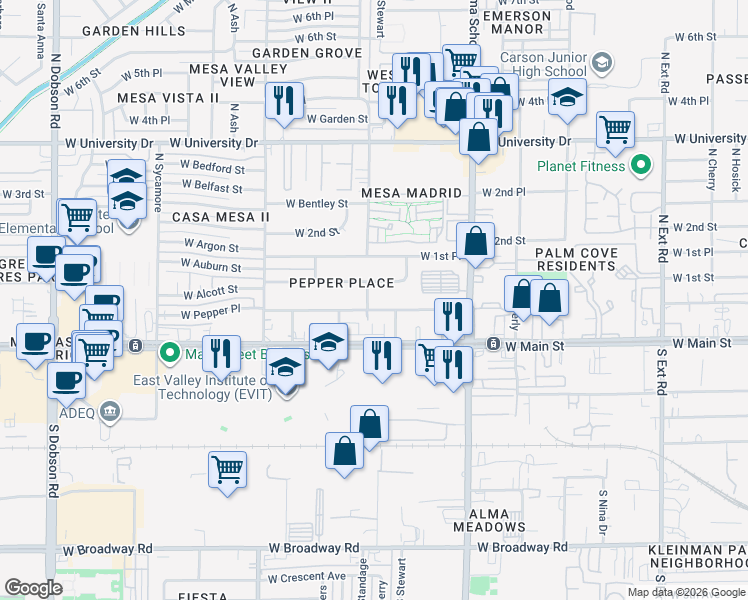 map of restaurants, bars, coffee shops, grocery stores, and more near 1405 West 1st Street in Mesa