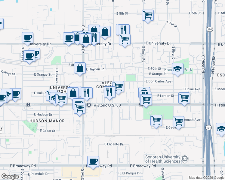 map of restaurants, bars, coffee shops, grocery stores, and more near 1895 East Don Carlos in Tempe
