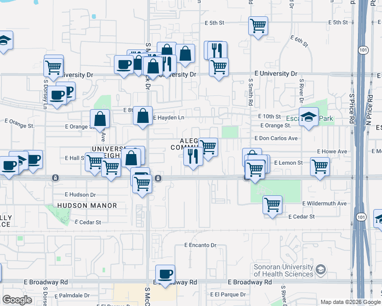 map of restaurants, bars, coffee shops, grocery stores, and more near in Tempe