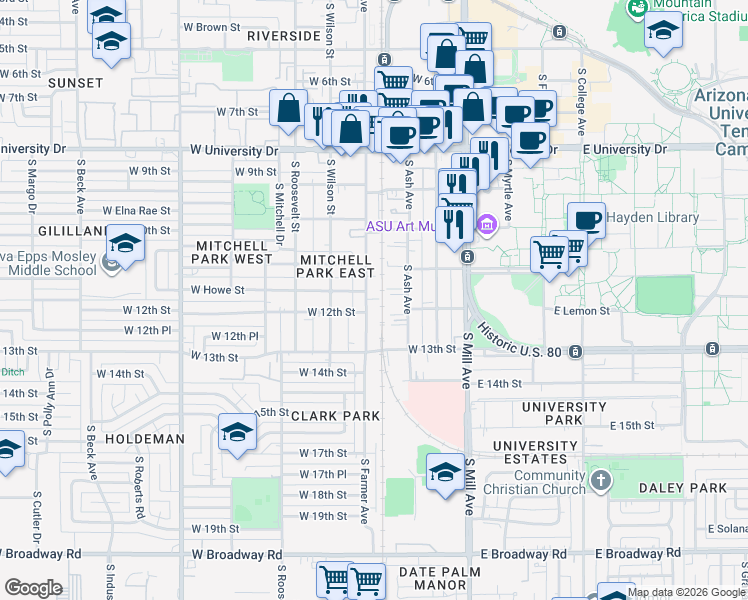 map of restaurants, bars, coffee shops, grocery stores, and more near 1109 South Farmer Avenue in Tempe