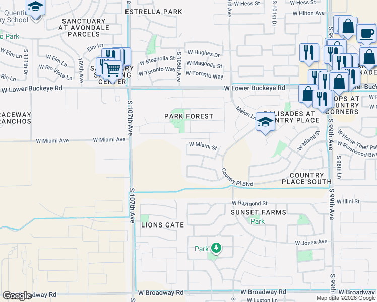 map of restaurants, bars, coffee shops, grocery stores, and more near 10417 West Miami Street in Tolleson