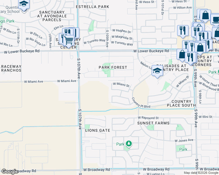 map of restaurants, bars, coffee shops, grocery stores, and more near 3202 South 104th Lane in Tolleson