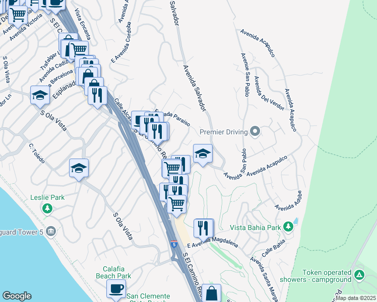 map of restaurants, bars, coffee shops, grocery stores, and more near 114 Avenida Trieste in San Clemente