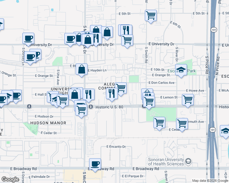 map of restaurants, bars, coffee shops, grocery stores, and more near 1895 East Don Carlos in Tempe