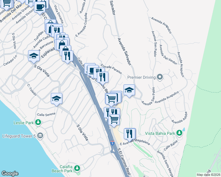 map of restaurants, bars, coffee shops, grocery stores, and more near 105 East Avenida Junipero in San Clemente