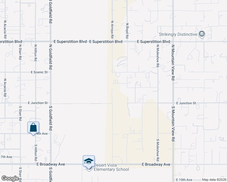map of restaurants, bars, coffee shops, grocery stores, and more near 147 North Arroya Road in Apache Junction