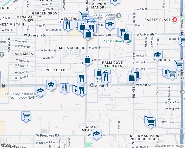 map of restaurants, bars, coffee shops, grocery stores, and more near 64 North Beverly in Mesa