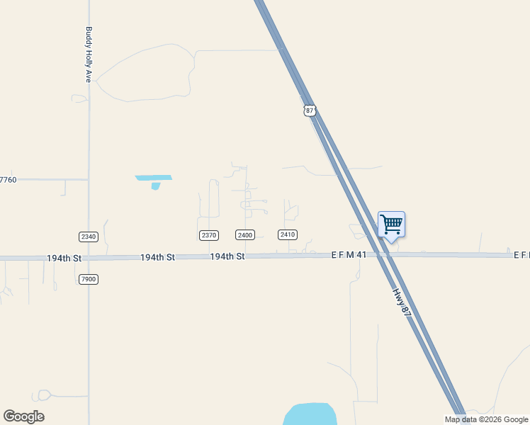 map of restaurants, bars, coffee shops, grocery stores, and more near 19001-19399 C R 2400 in Lubbock