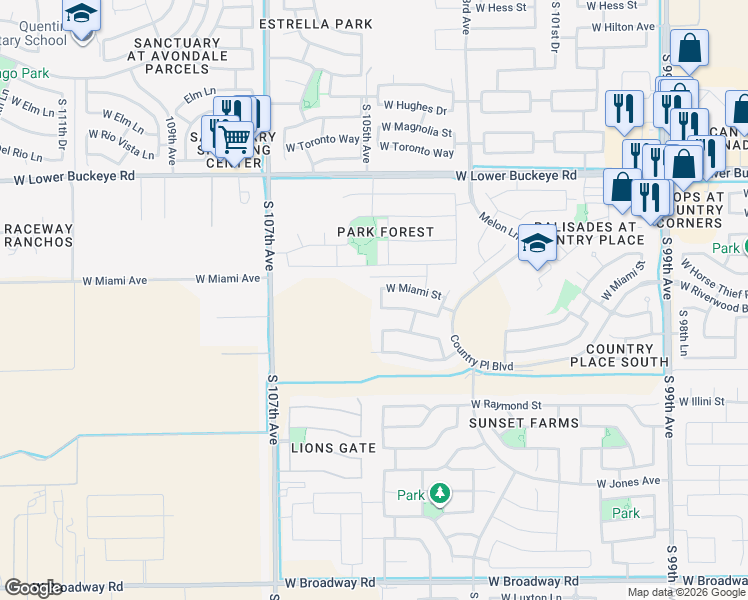 map of restaurants, bars, coffee shops, grocery stores, and more near 3202 South 104th Lane in Tolleson