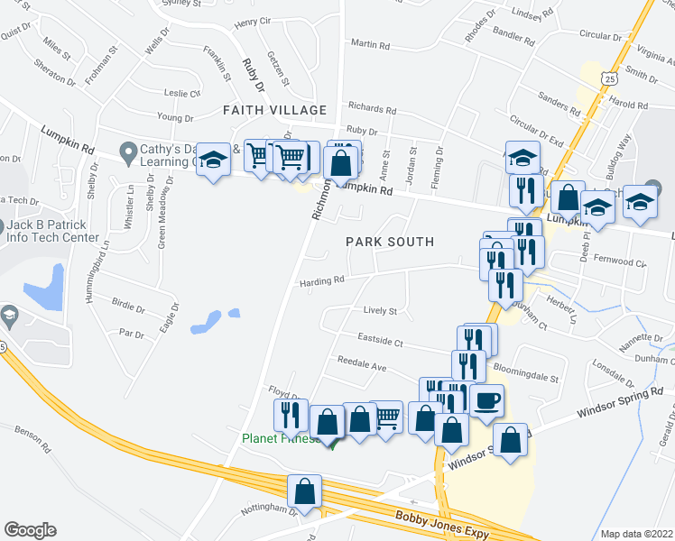 map of restaurants, bars, coffee shops, grocery stores, and more near 2902 Howell Road in Augusta