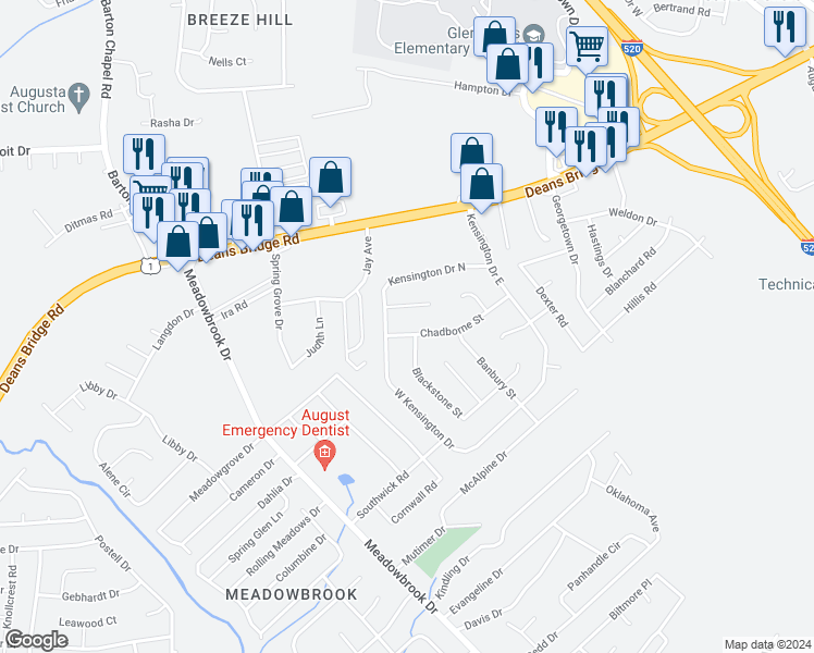 map of restaurants, bars, coffee shops, grocery stores, and more near 3429 Chadbourne Street in Augusta