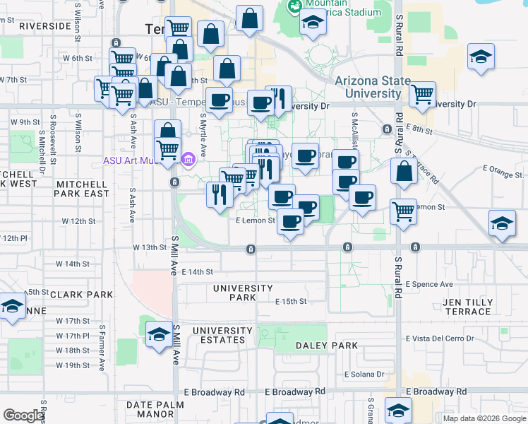map of restaurants, bars, coffee shops, grocery stores, and more near 300 East Lemon Street in Tempe