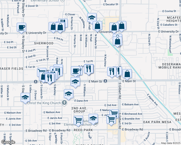 map of restaurants, bars, coffee shops, grocery stores, and more near 1741 East Pepper Circle in Mesa
