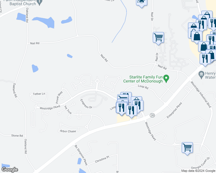 map of restaurants, bars, coffee shops, grocery stores, and more near 2148 Parador Bend in McDonough