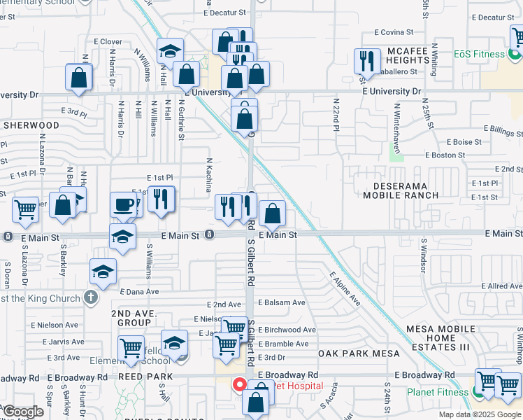 map of restaurants, bars, coffee shops, grocery stores, and more near 111 North Gilbert Road in Mesa