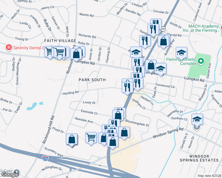 map of restaurants, bars, coffee shops, grocery stores, and more near 2121 Harding Road in Augusta
