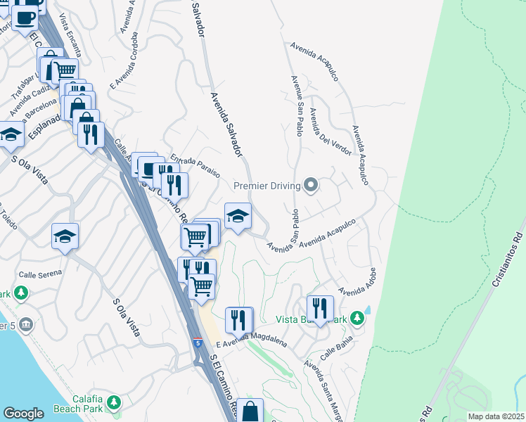map of restaurants, bars, coffee shops, grocery stores, and more near 2241 Avenida Salvador in San Clemente