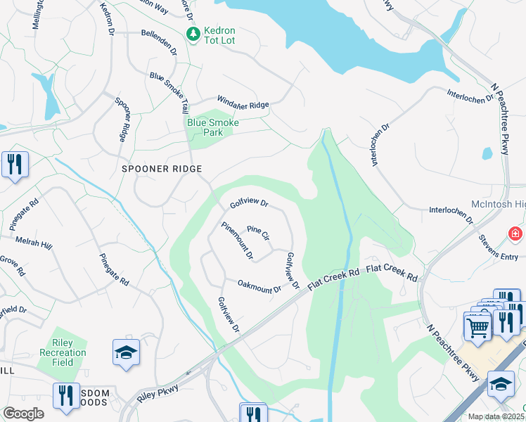 map of restaurants, bars, coffee shops, grocery stores, and more near 515 Golfview Drive in Peachtree City