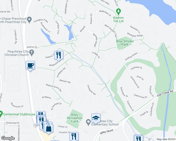 map of restaurants, bars, coffee shops, grocery stores, and more near 105 Dogwood Court in Peachtree City