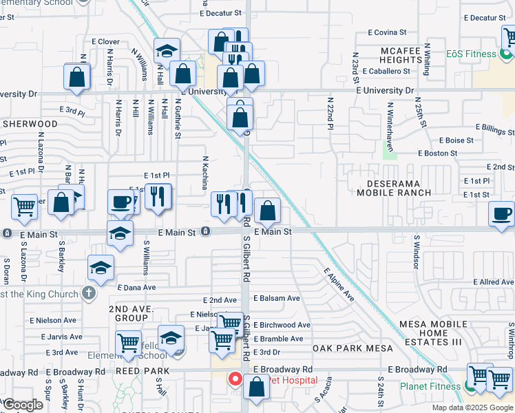 map of restaurants, bars, coffee shops, grocery stores, and more near 111 North Gilbert Road in Mesa