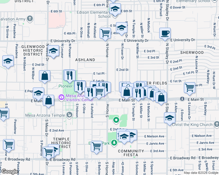 map of restaurants, bars, coffee shops, grocery stores, and more near 785 East 1st Street in Mesa