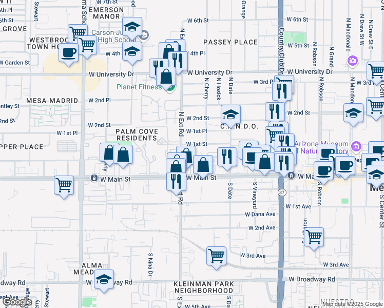 map of restaurants, bars, coffee shops, grocery stores, and more near 735 West 1st Street in Mesa