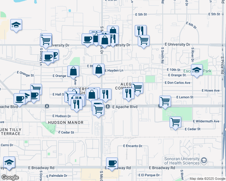 map of restaurants, bars, coffee shops, grocery stores, and more near 1825 East Don Carlos in Tempe