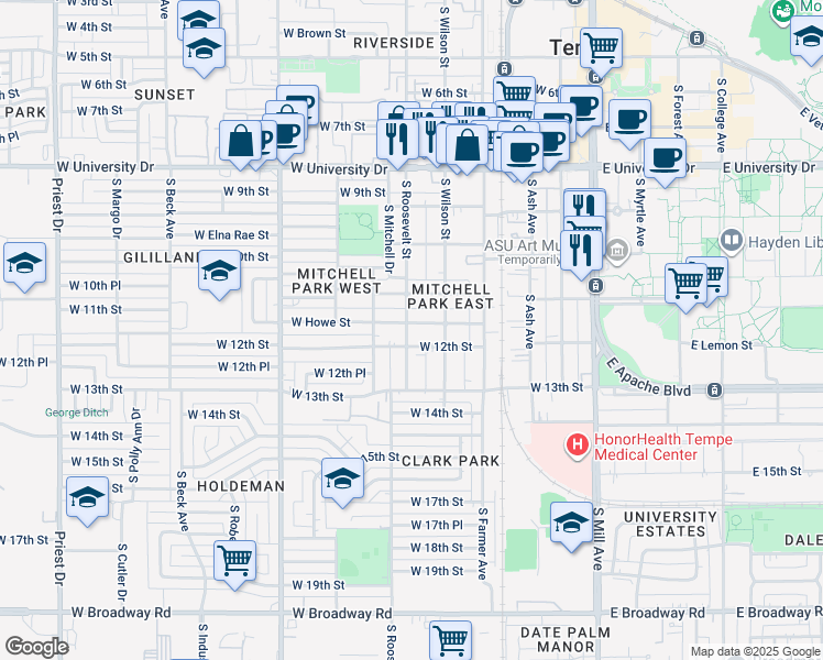 map of restaurants, bars, coffee shops, grocery stores, and more near 516 West Howe Street in Tempe