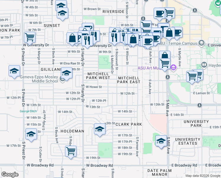 map of restaurants, bars, coffee shops, grocery stores, and more near 612 West Howe Street in Tempe