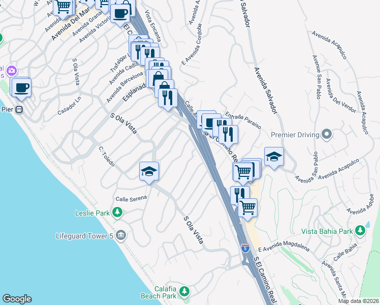 map of restaurants, bars, coffee shops, grocery stores, and more near 122 West Avenida De Los Lobos Marinos in San Clemente