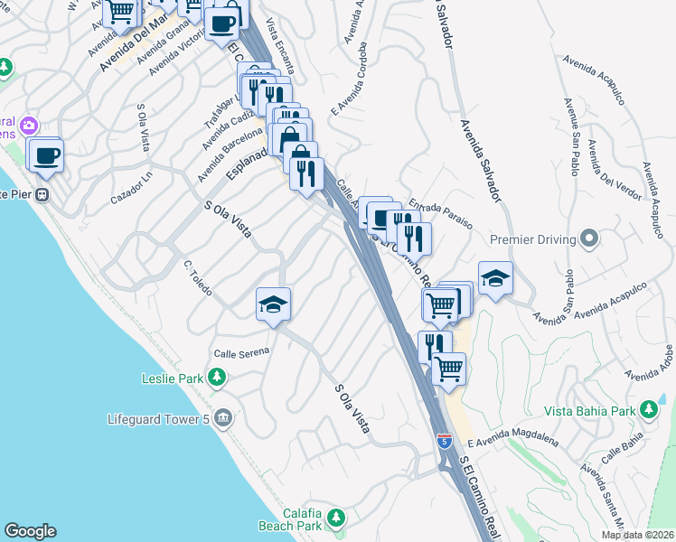 map of restaurants, bars, coffee shops, grocery stores, and more near 122 West Avenida De Los Lobos Marinos in San Clemente