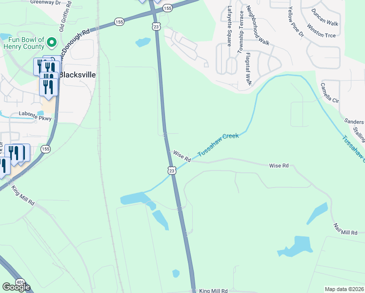 map of restaurants, bars, coffee shops, grocery stores, and more near 120 Wise Road in McDonough