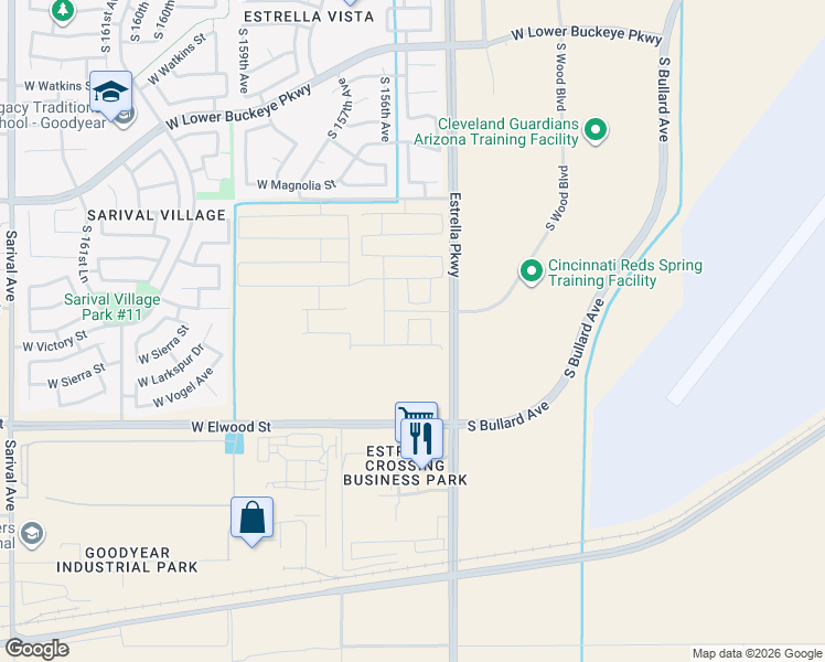 map of restaurants, bars, coffee shops, grocery stores, and more near 3174-3542 South Estrella Parkway in Goodyear
