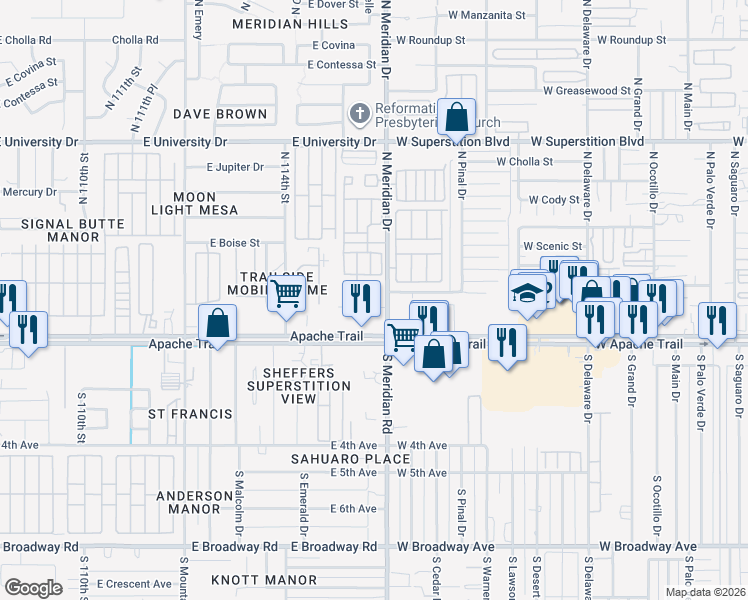 map of restaurants, bars, coffee shops, grocery stores, and more near 52 North Meridian Drive in Apache Junction