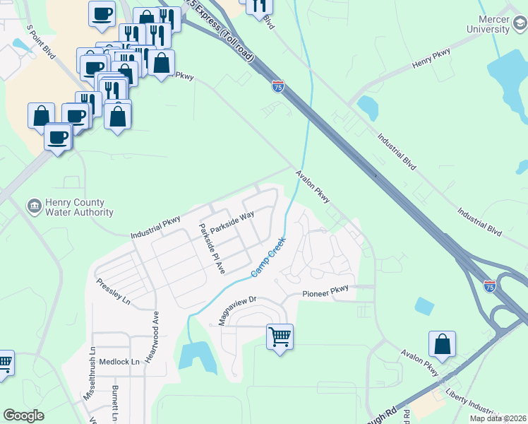 map of restaurants, bars, coffee shops, grocery stores, and more near 404 Parkside Way in McDonough