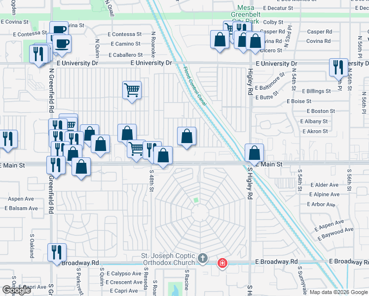 map of restaurants, bars, coffee shops, grocery stores, and more near Mobile Home Park in Mesa