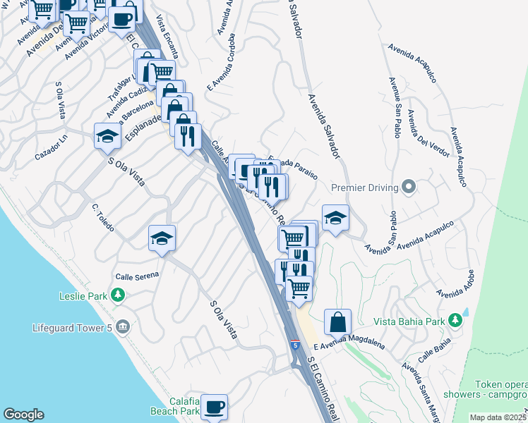 map of restaurants, bars, coffee shops, grocery stores, and more near 1 West Avenida Ramona in San Clemente