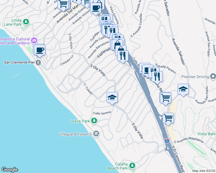 map of restaurants, bars, coffee shops, grocery stores, and more near 212 West Avenida Valencia in San Clemente