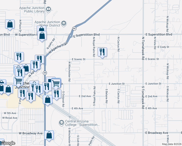 map of restaurants, bars, coffee shops, grocery stores, and more near 3070 North Royal Palm Road in Apache Junction